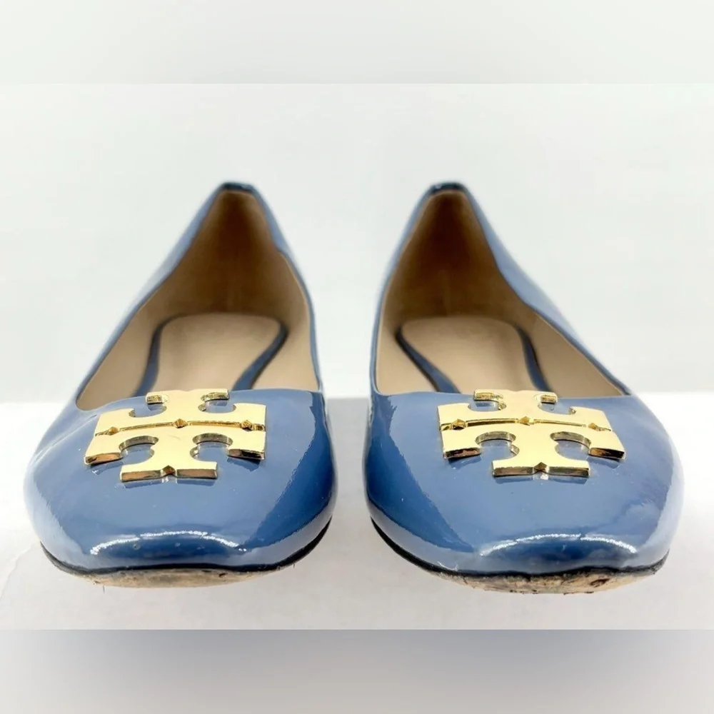 Tory Burch Raleigh Ballet Flats 7M Laguna Blue Leather Logo Bow Shoes